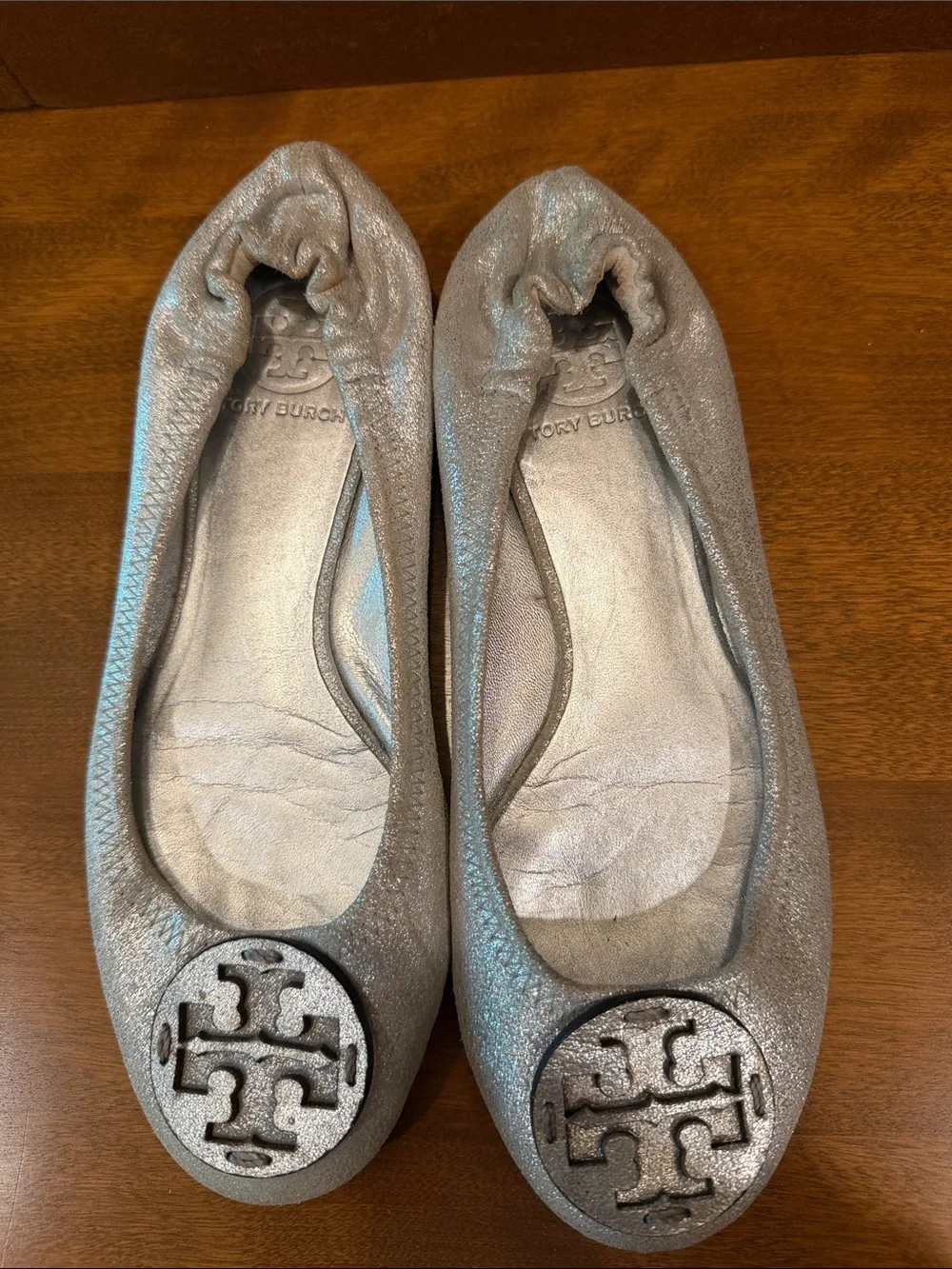 Tory Burch Silver Metallic Glitter Logo Ballet Flats